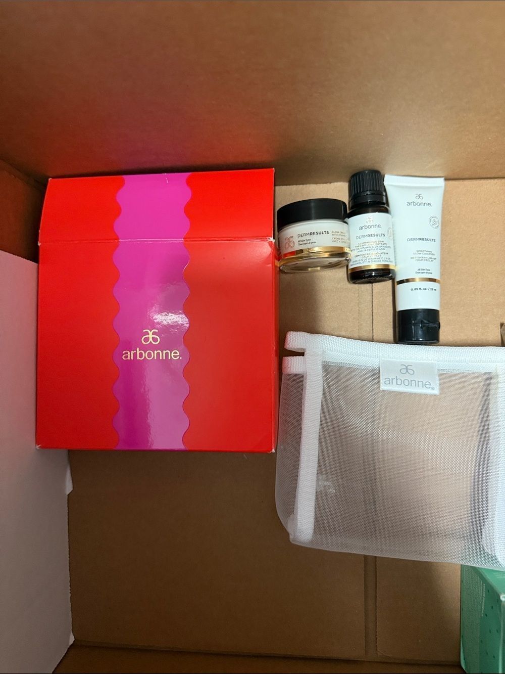 Arbonne Skincare Gift Set in Red & Pink Box with White Mesh Pouch